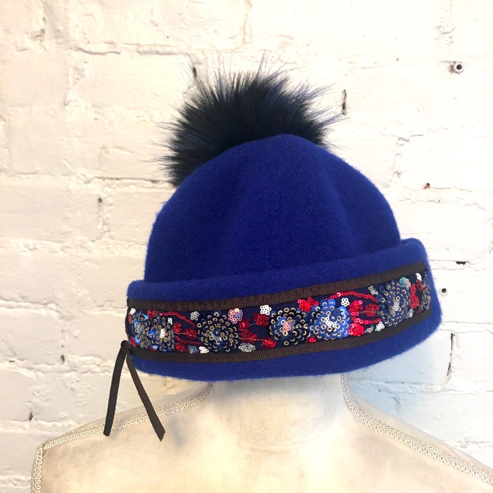 Uno Alla Volta wool fleece mia hat sequins trim pom pom blue